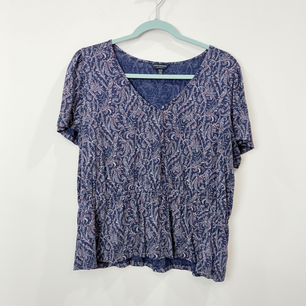 Lucky Brand Womens XL Peplum Top Paisley V-Neck Short Flutter Sleeve Casual